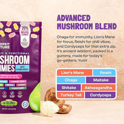 Ashwagandha & Lion'S Mane Supplement Gummies - Comprehensive Mushroom Supplement for Cognitive & Immune Support, Vegan Blend with Reishi, Cordyceps - Low Carb, 80 Organic Mushroom Gummies