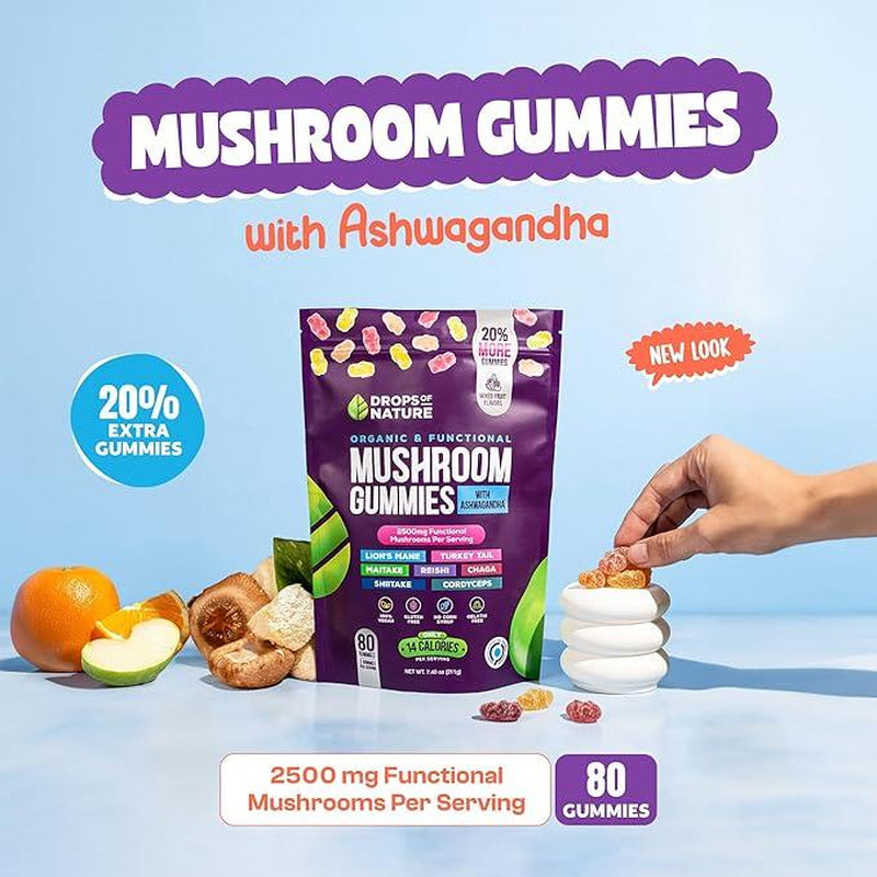 Ashwagandha & Lion'S Mane Supplement Gummies - Comprehensive Mushroom Supplement for Cognitive & Immune Support, Vegan Blend with Reishi, Cordyceps - Low Carb, 80 Organic Mushroom Gummies