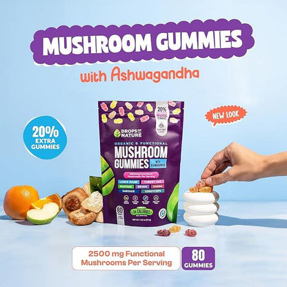 Ashwagandha & Lion'S Mane Supplement Gummies - Comprehensive Mushroom Supplement for Cognitive & Immune Support, Vegan Blend with Reishi, Cordyceps - Low Carb, 80 Organic Mushroom Gummies