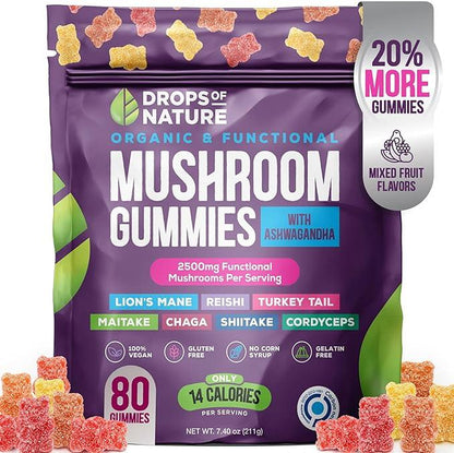 Ashwagandha & Lion'S Mane Supplement Gummies - Comprehensive Mushroom Supplement for Cognitive & Immune Support, Vegan Blend with Reishi, Cordyceps - Low Carb, 80 Organic Mushroom Gummies